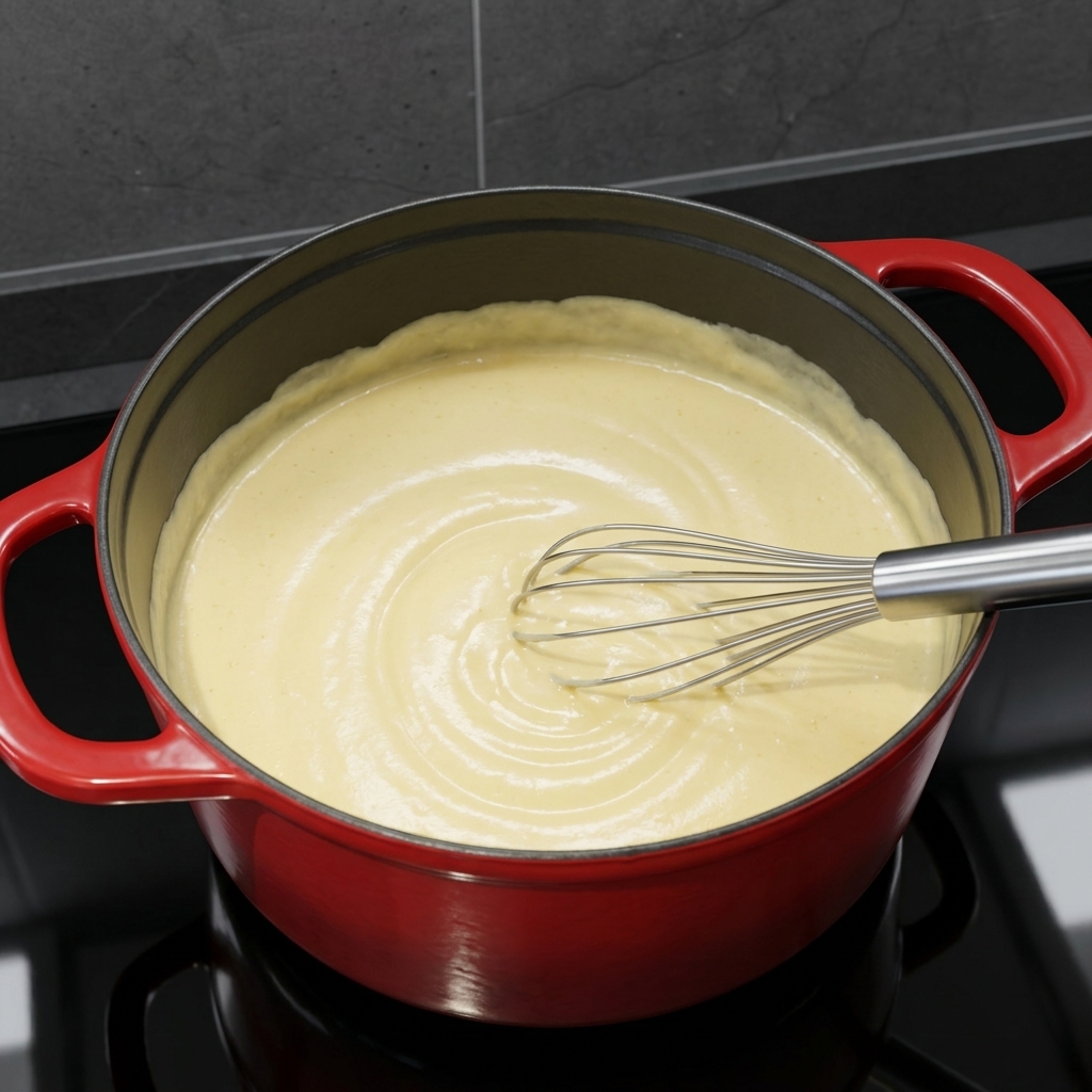 Cooked macaroni being folded into a thick, creamy cheese sauce inside a red pot.