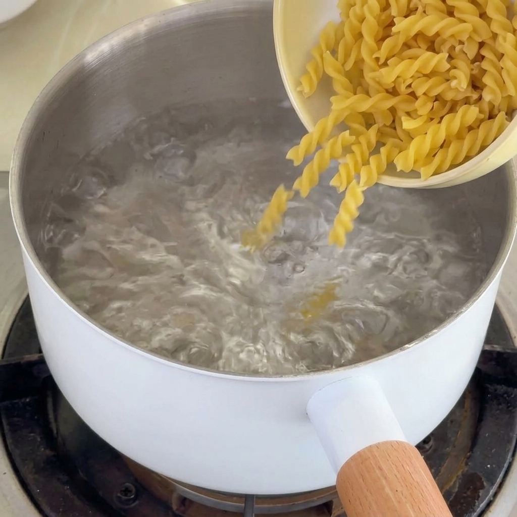 Dry fusilli pasta being added to a pot of boiling water.