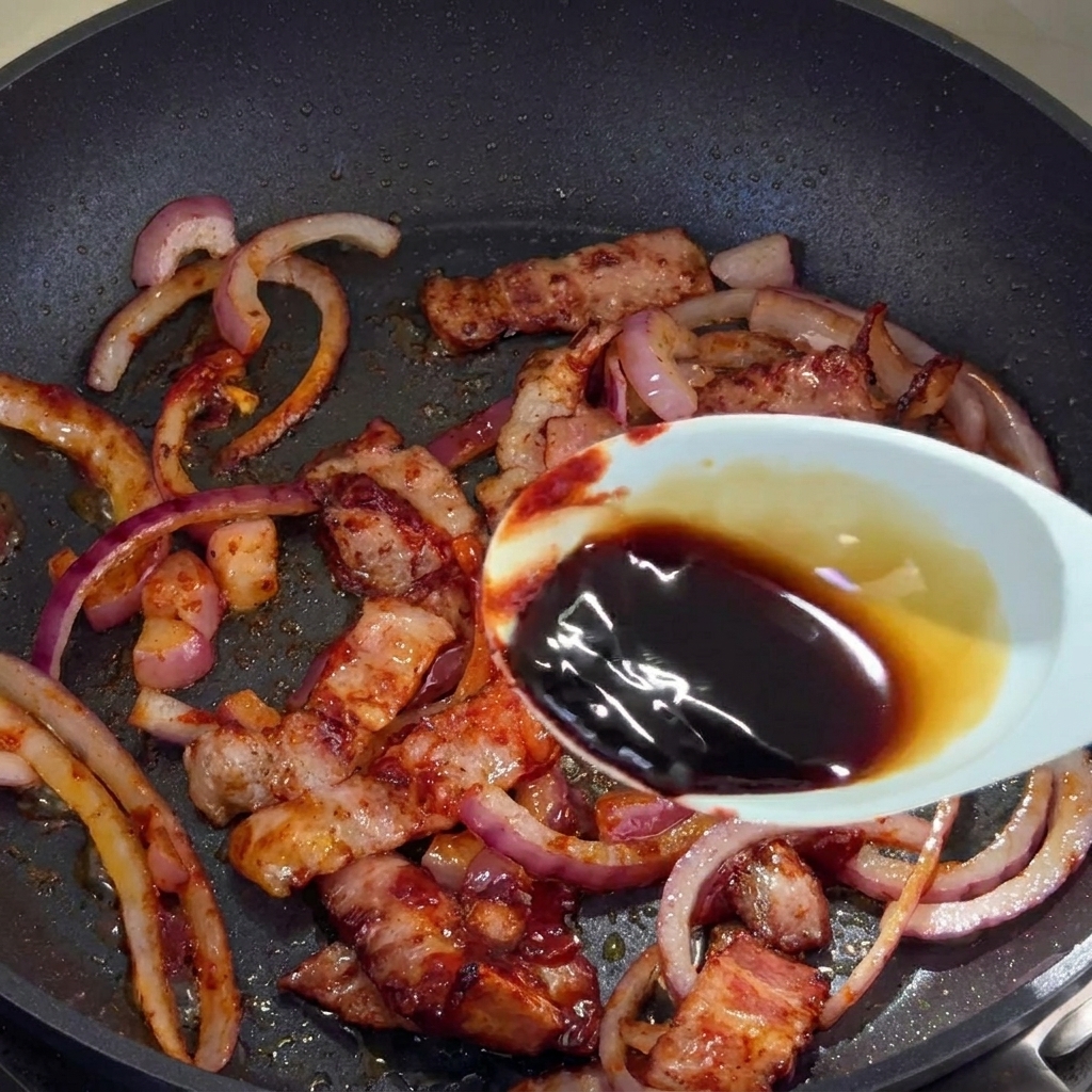 Dark soy sauce being poured from a white spoon into a skillet containing crispy bacon and stir-fried red onions.