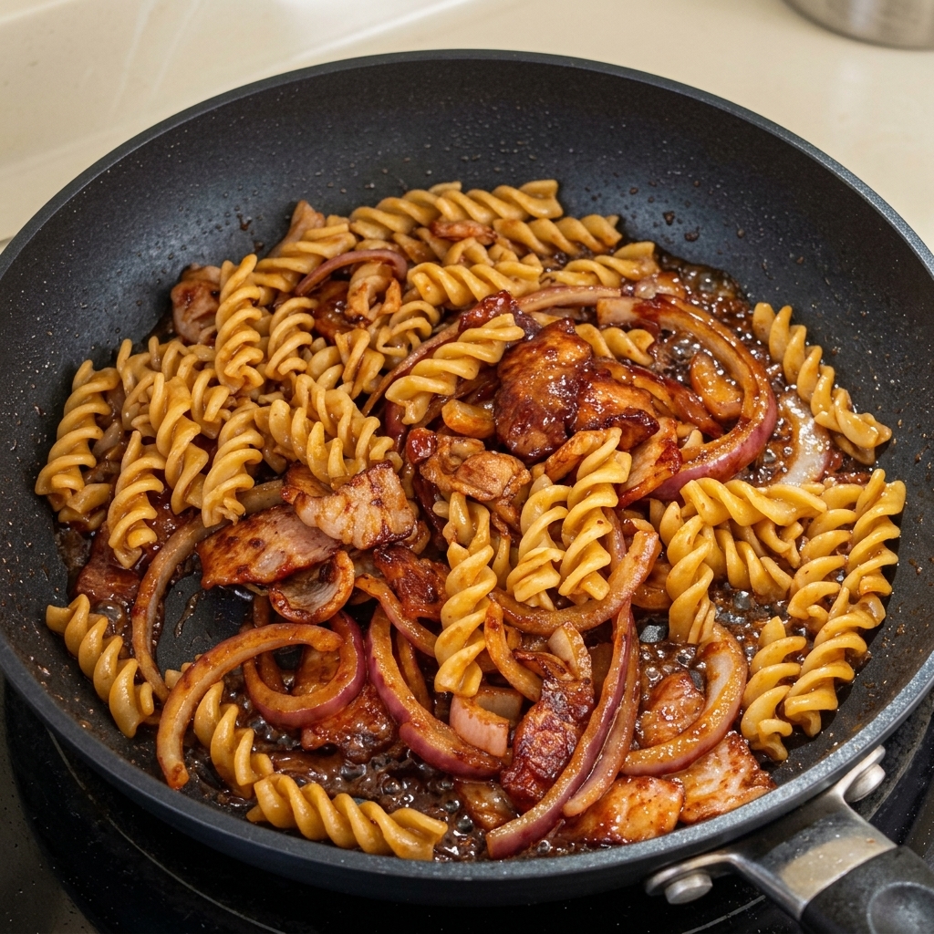 Cooked fusilli pasta being added to a skillet with stir-fried bacon and red onion.