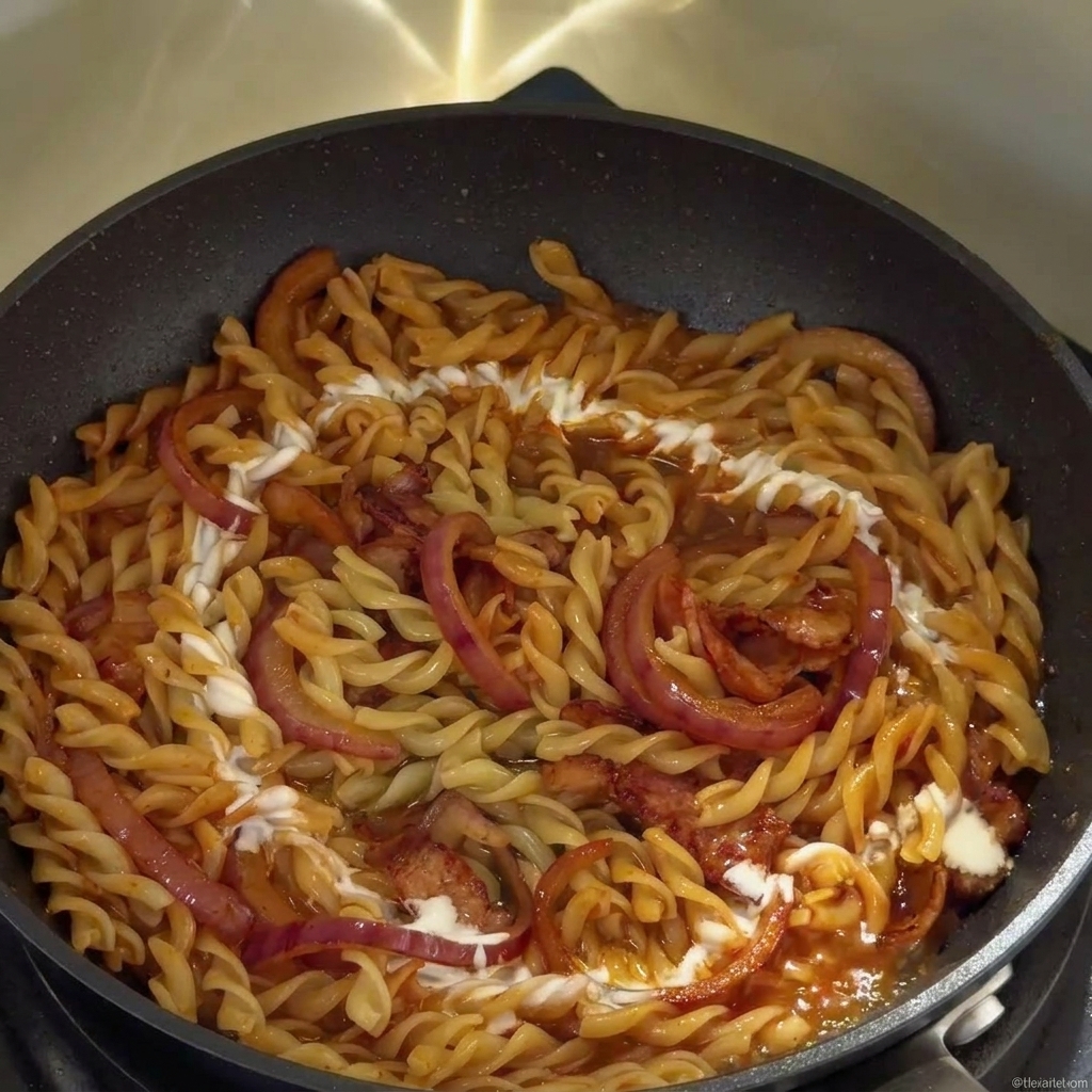 Cream being drizzled in a circular motion over fusilli pasta and ingredients in a cooking pan.