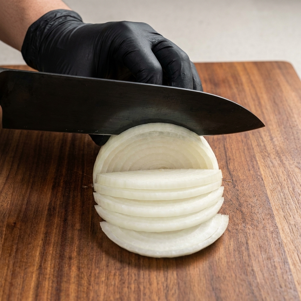 A person wearing black gloves using a black knife to slice a white onion on a wooden cutting board.