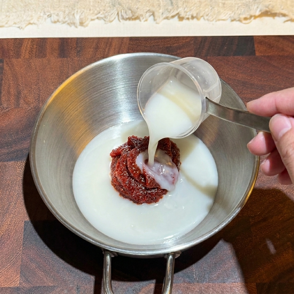 A hand pouring a white liquid seasoning over a mound of dark red Korean spicy paste in a small metal bowl.