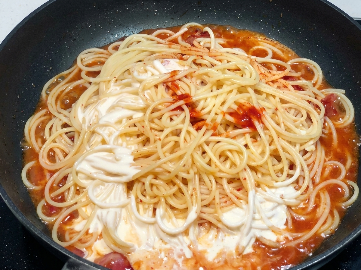 Spaghetti in a pan being covered with a mixture of red spicy sauce and white cream.
