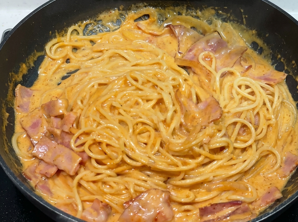 Spaghetti being tossed with chopsticks in a pan until fully coated in a creamy orange sauce.