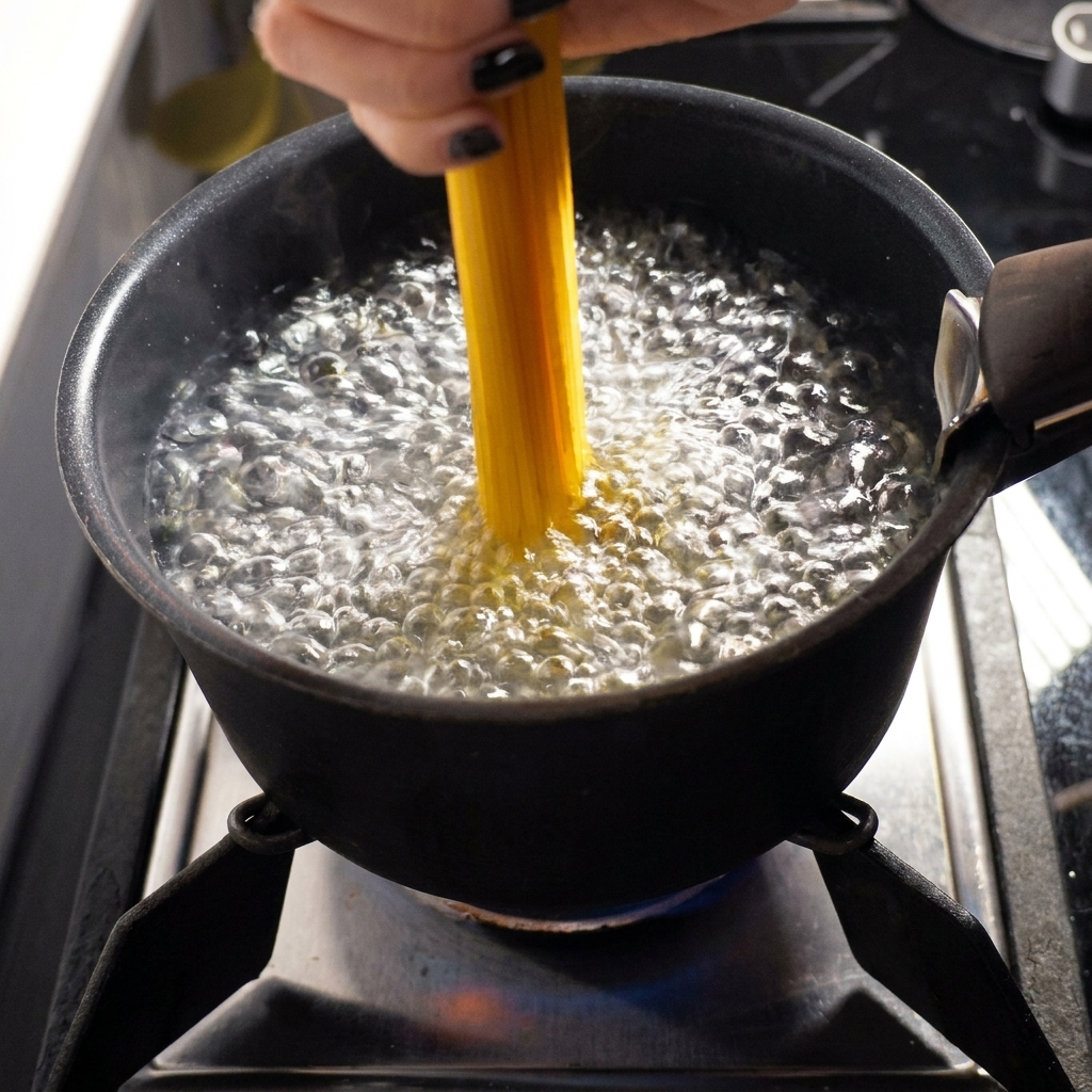 A hand placing dry spaghetti noodles into a pot of vigorously boiling water.