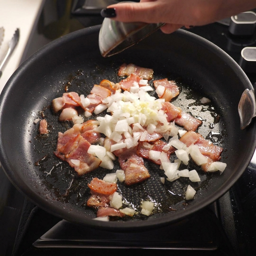 Pouring diced white onions and minced garlic from a small bowl onto the cooking bacon in a pan.