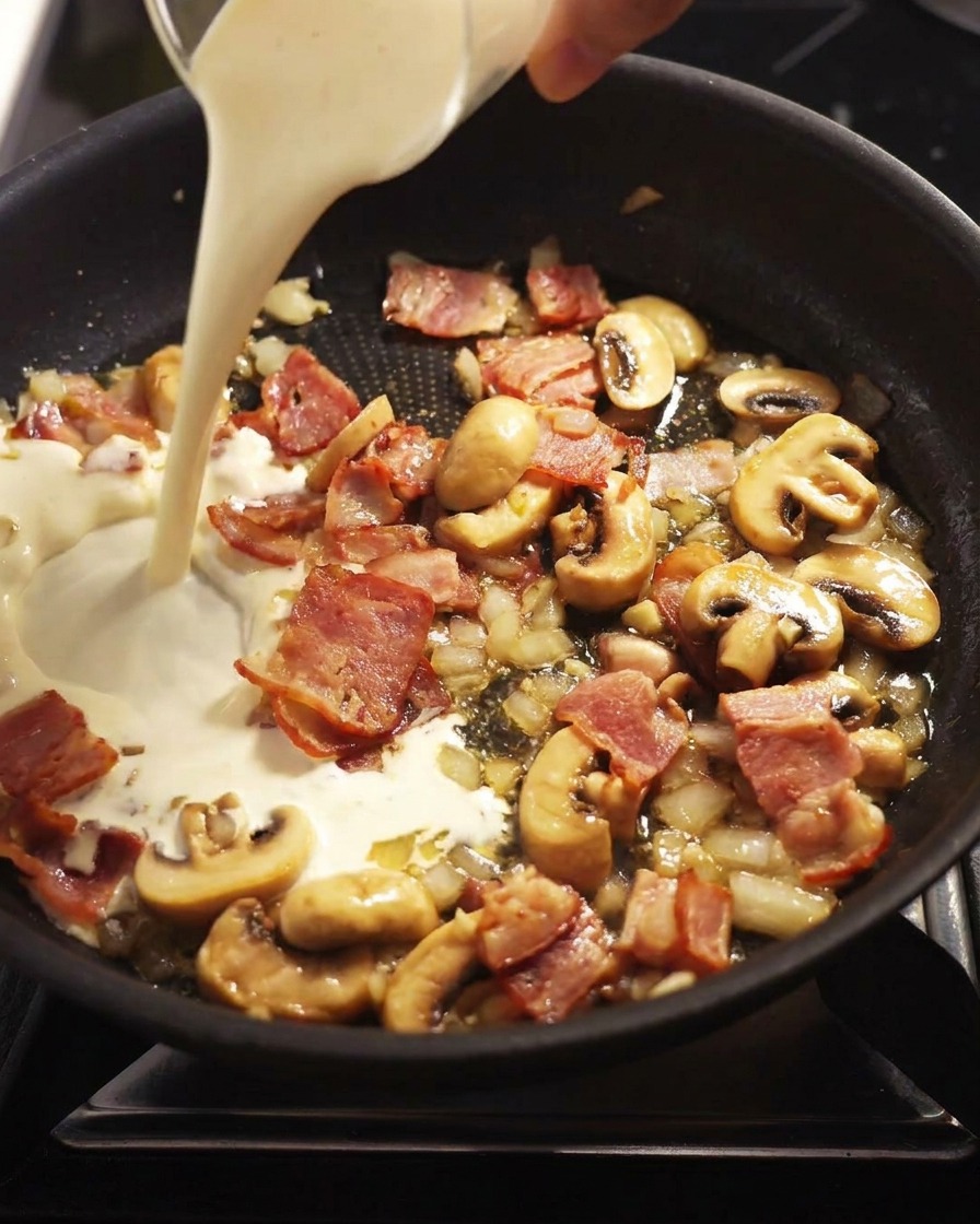 Thick heavy cream being poured from a clear glass over the sautéed mushrooms, bacon, and onions.