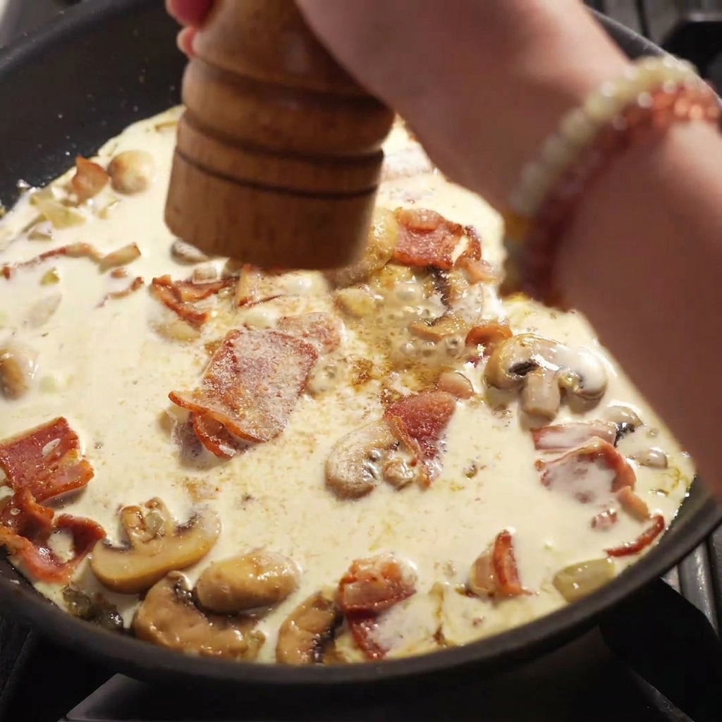 Fresh black pepper being ground directly into a creamy sauce with bacon and mushrooms in a pan.