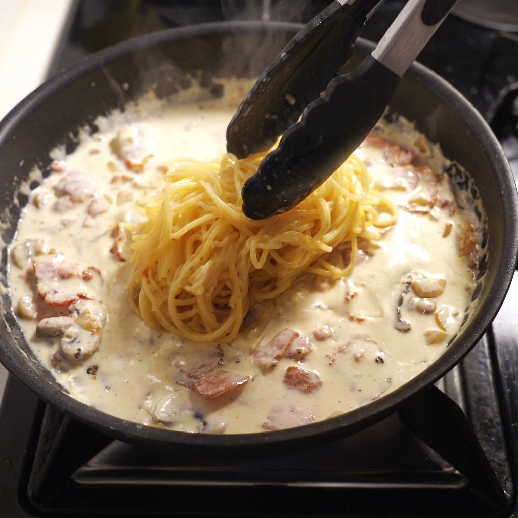 Spaghetti being moved from a pot to a skillet with creamy bacon and mushroom sauce using kitchen tongs.