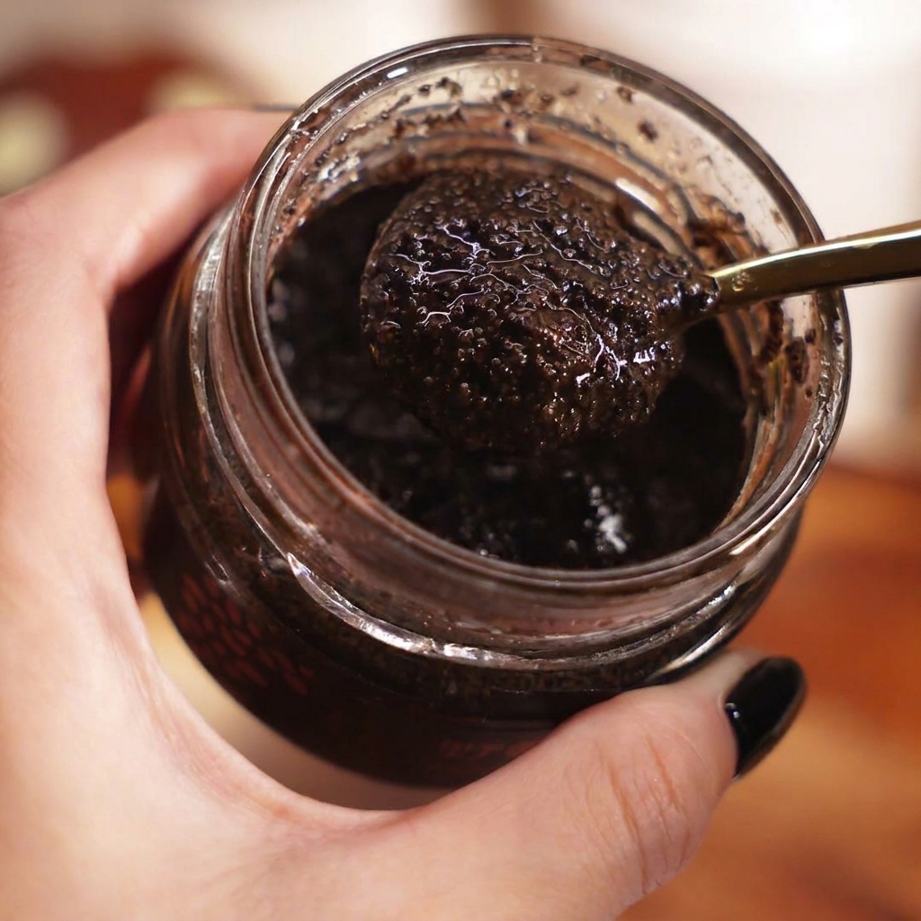 A spoonful of dark, rich black truffle paste being added to the pasta dish.