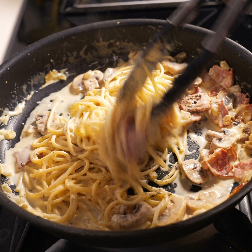 Spaghetti being tossed in a skillet with creamy sauce, bacon, mushrooms, and truffle paste using tongs.