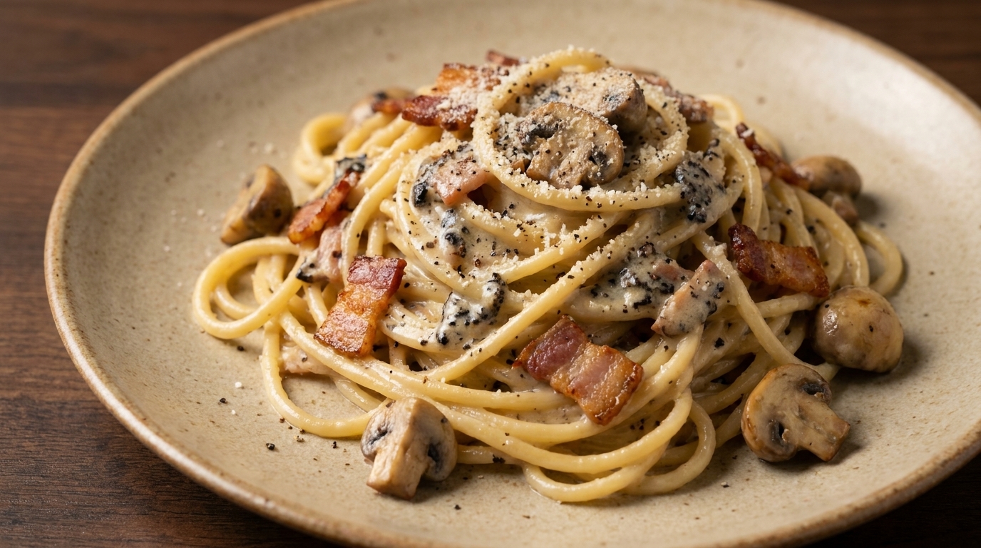Creamy Black Truffle Pasta with Bacon & Mushrooms