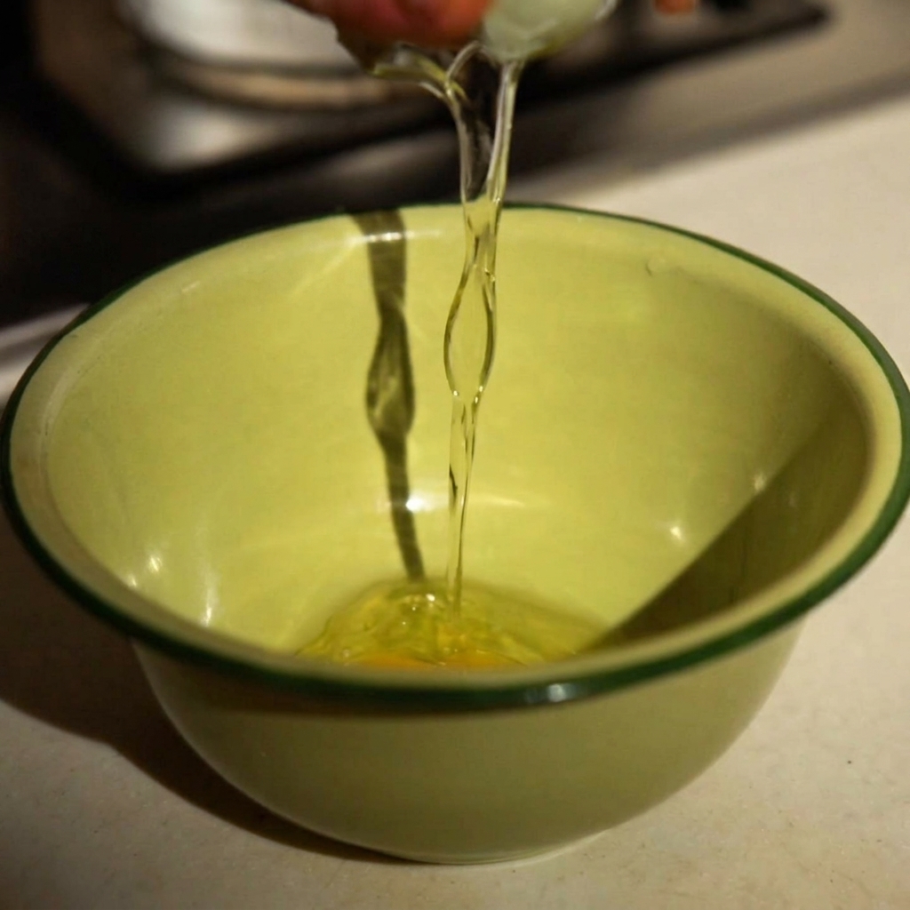 An egg, Parmesan cheese, and black truffle sauce being mixed together in a light green bowl.