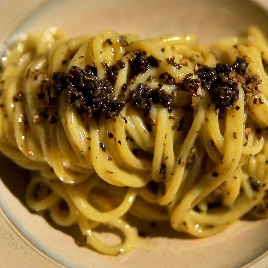 Creamy truffle and cheese sauce being poured over cooked noodles in a pan.