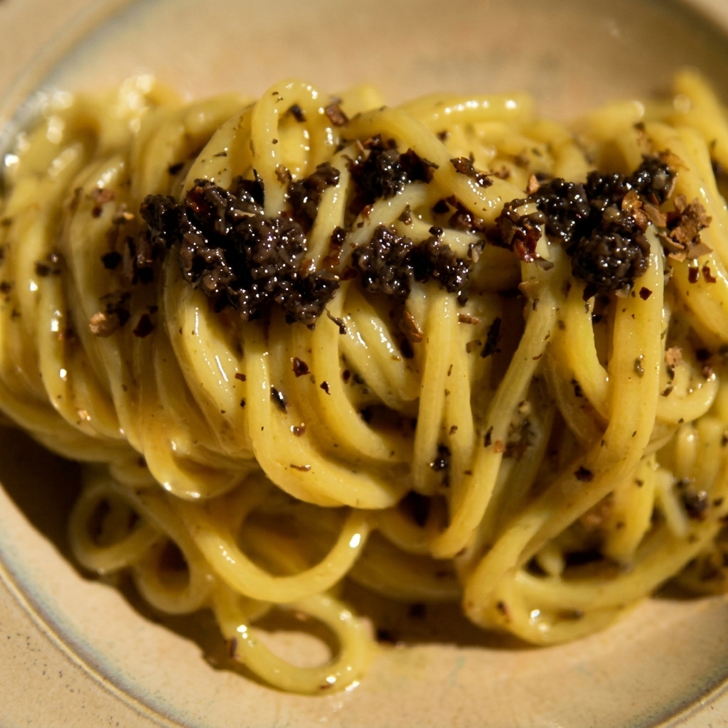 Noodles being coated in a rich, creamy sauce with truffle pieces in a frying pan.