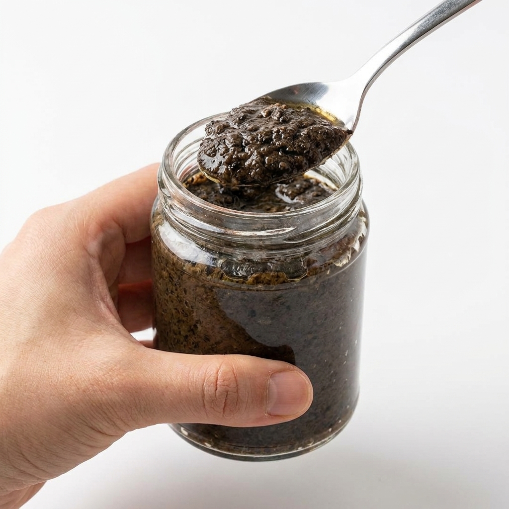 A close-up of a small glass bowl containing a dark, textured black truffle and egg yolk mixture being stirred with a metal spoon.