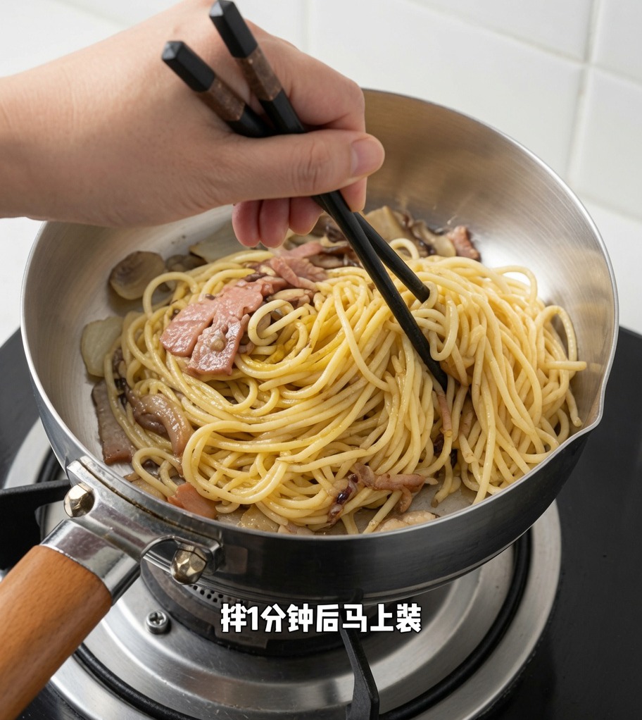 Black truffle spaghetti being tossed in a pan with chopsticks.