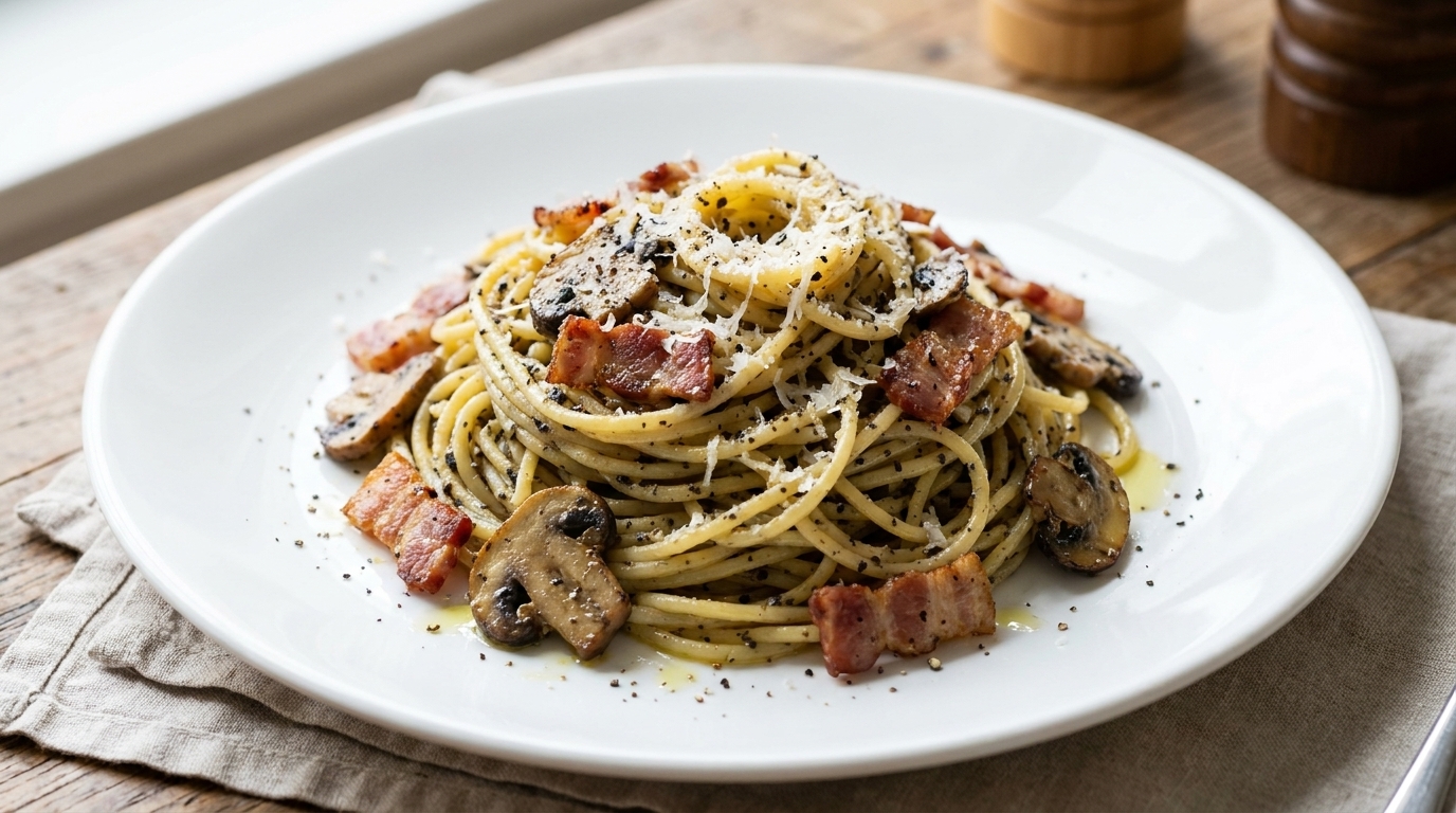 Gourmet Black Truffle Spaghetti with Bacon and Mushrooms