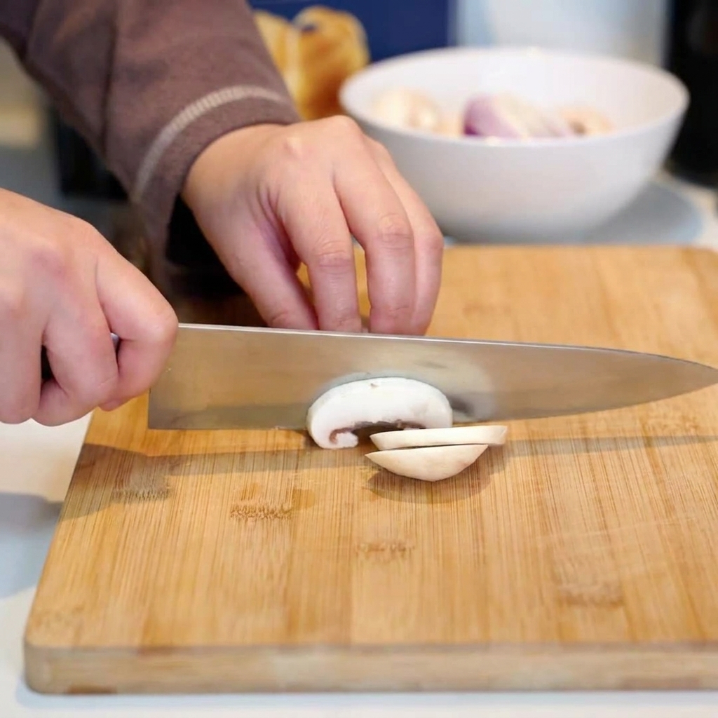 Hands slicing fresh white mushrooms on a wooden cutting board.