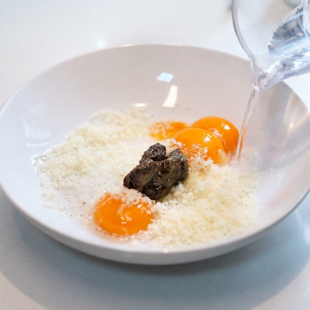 Water being poured into a bowl containing egg yolks, grated cheese, and black truffle sauce.