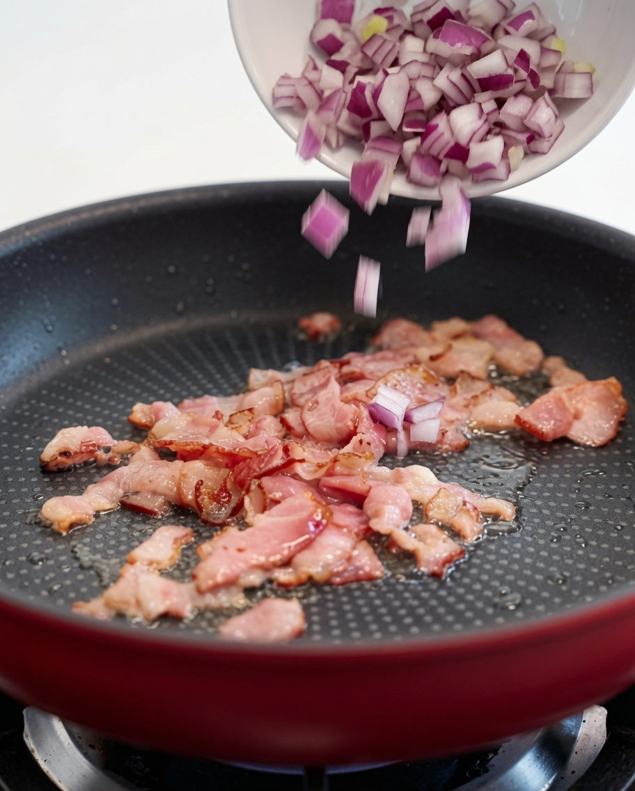 Chopped red onions being poured into a hot pan with crispy frying bacon.