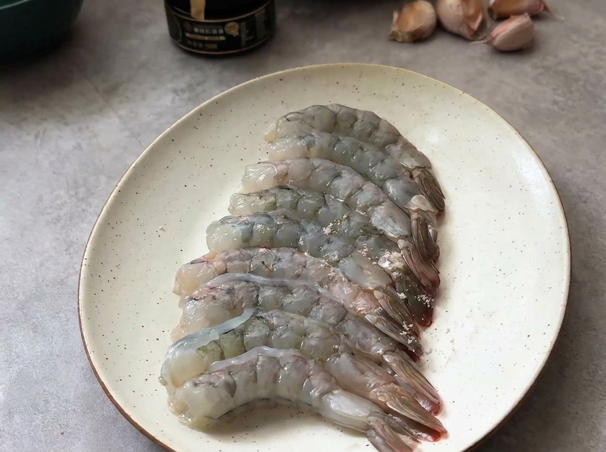 Peeled raw shrimp arranged on a plate, lightly seasoned with salt and black pepper.