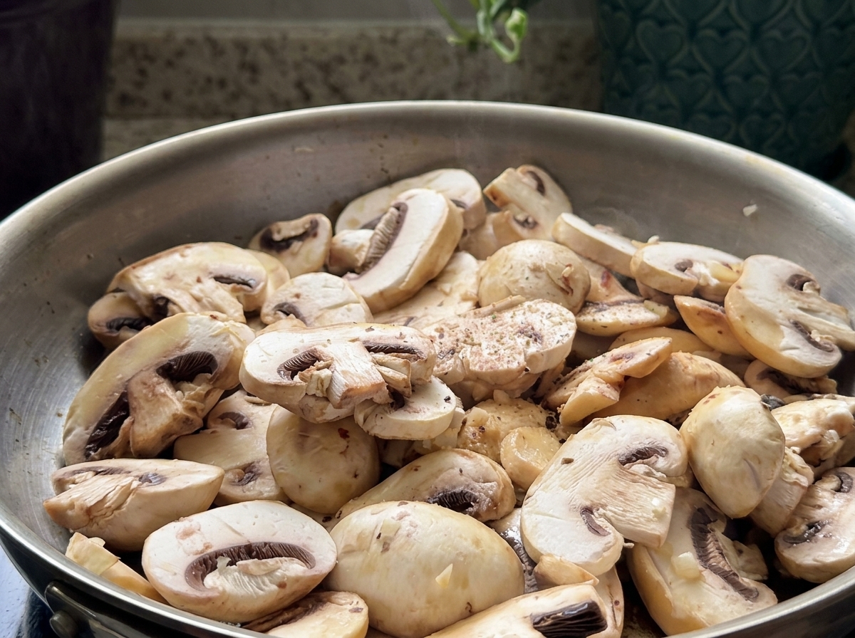 Sliced mushrooms and minced garlic cooking together in a stainless steel pan.