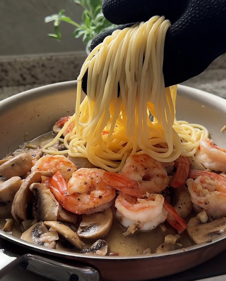 Spaghetti being tossed into a skillet with seared shrimp and sautéed mushrooms.