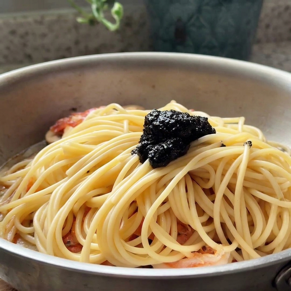 Spoonful of black truffle paste resting on top of the cooked spaghetti and shrimp in the pan.