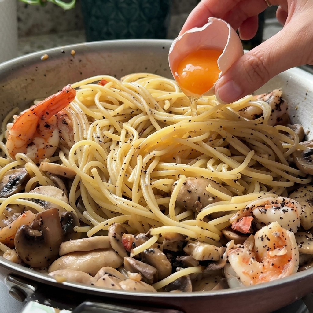 A fresh egg yolk being added to the center of the pasta, mushroom, and shrimp mixture.