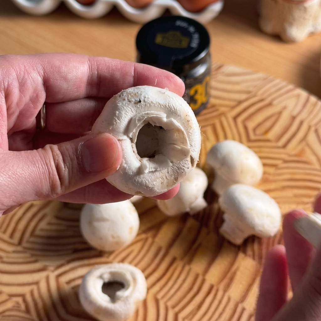 Fresh white mushrooms being carefully sliced on a rustic wooden cutting board.