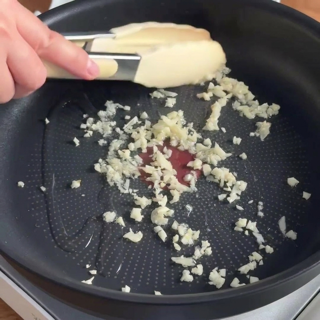 Minced garlic frying in oil in a non-stick pan.