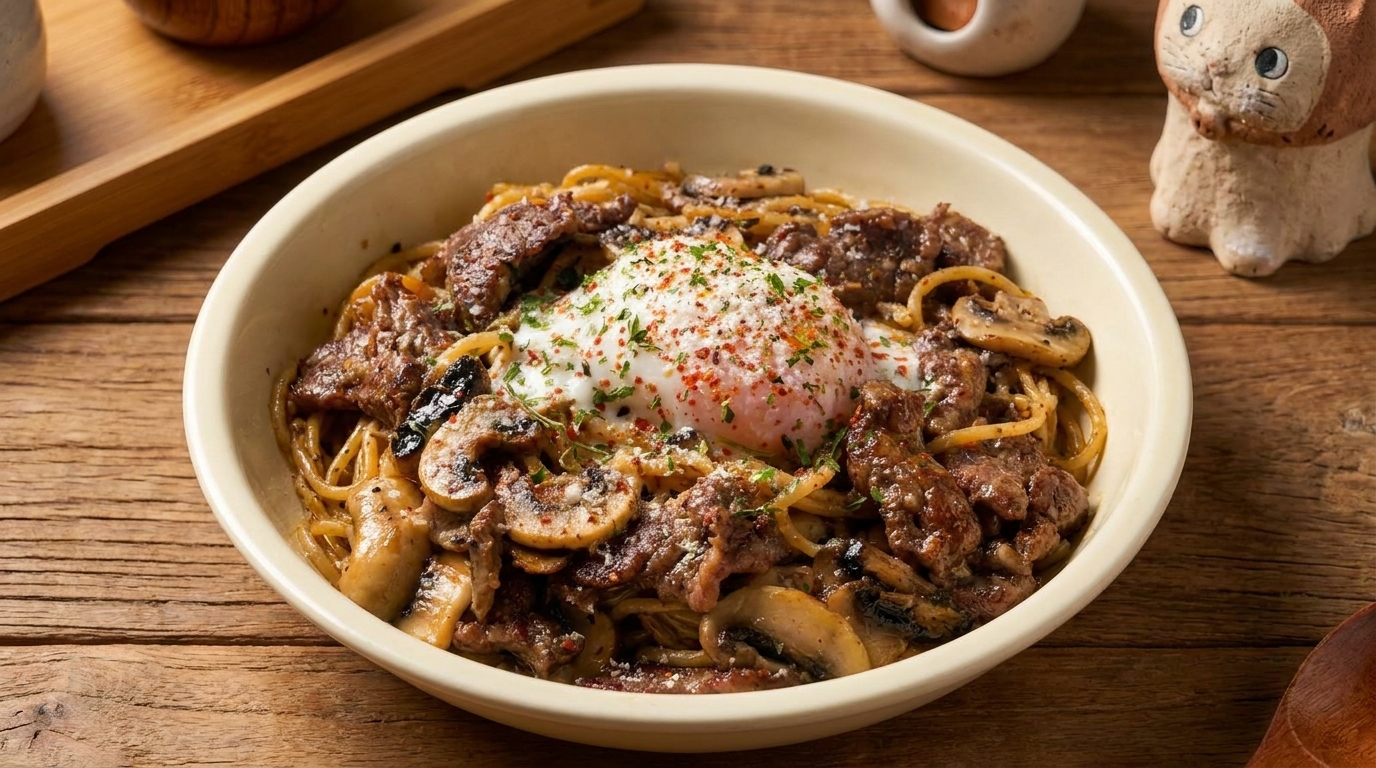Truffle Beef Pasta with Onsen Egg