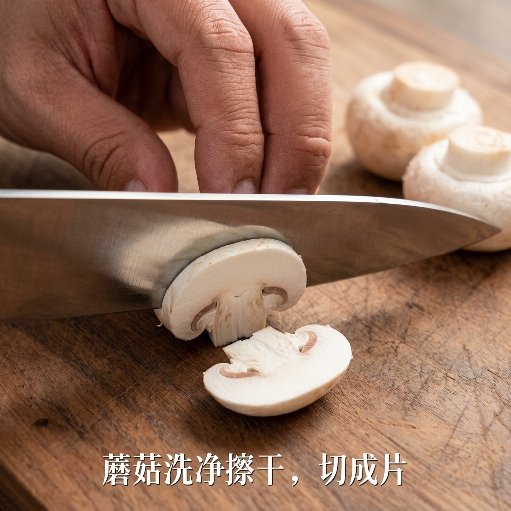 Thinly sliced raw mushrooms arranged on a rustic wooden cutting board.