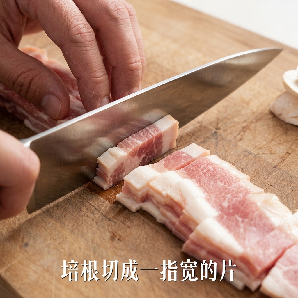 Uniform strips of raw bacon being cut on a wooden cutting board.