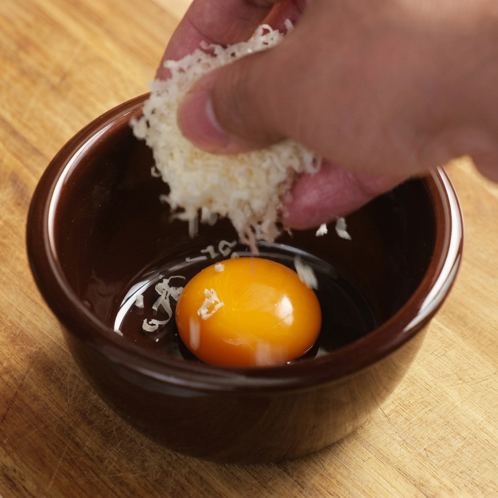 A rich mixture of egg yolk, grated parmesan, and truffle sauce in a brown ceramic bowl.