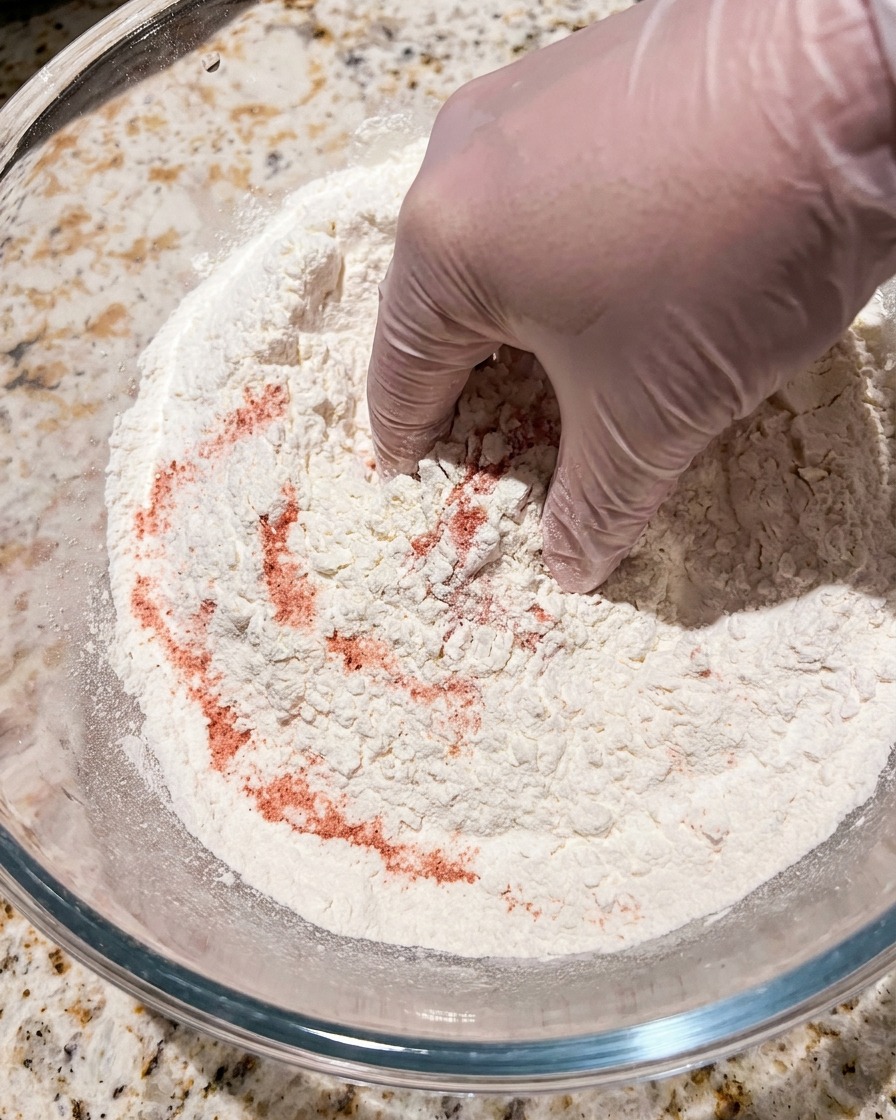 A close-up of a hand pouring liquid into a bowl filled with white flour.