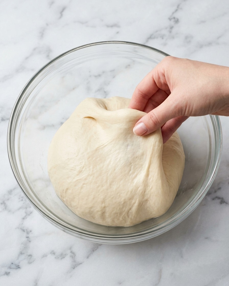 A hand folding a smooth, hydrated dough over itself inside a glass bowl.