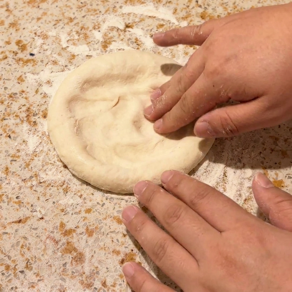 Hands pressing down and stretching a round dough ball into a flat pizza crust on a countertop.