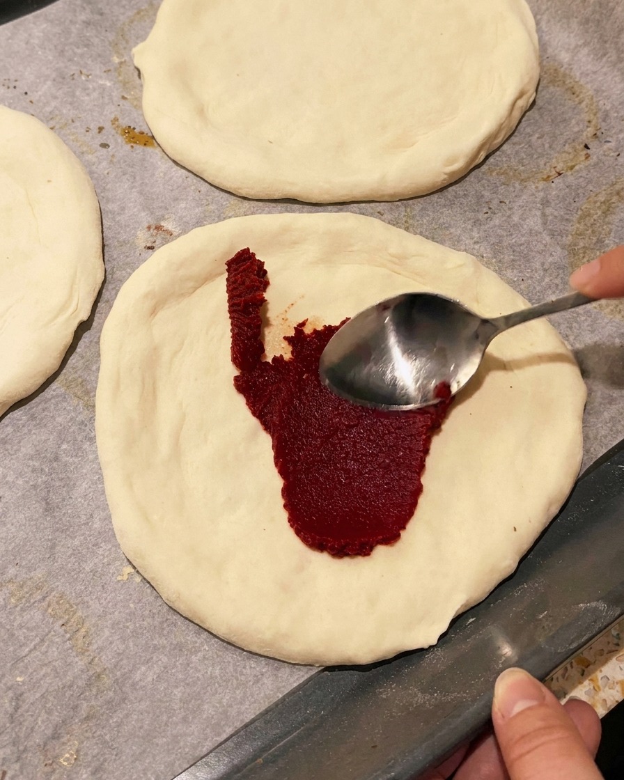 A close-up of a hand using a metal spoon to spread rich red tomato paste onto a round, raw pizza dough base.