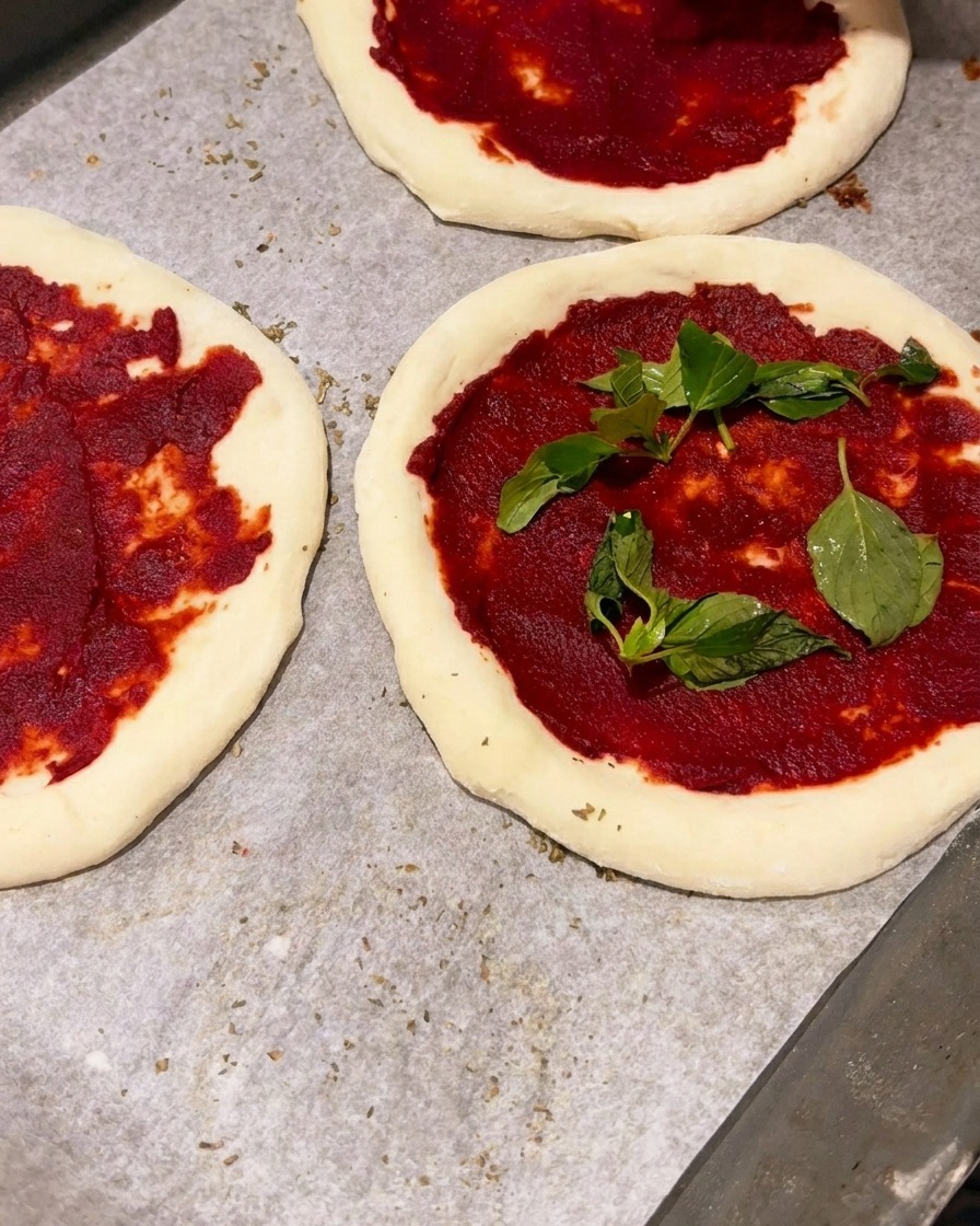 Raw pizza crusts coated in red tomato paste, topped with bright green fresh basil leaves.