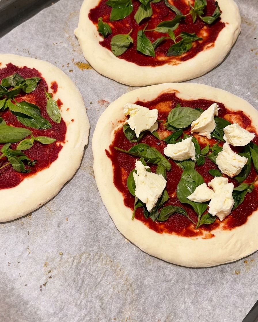 Hand-torn chunks of white mozzarella cheese scattered over mini pizzas topped with red sauce and green basil.
