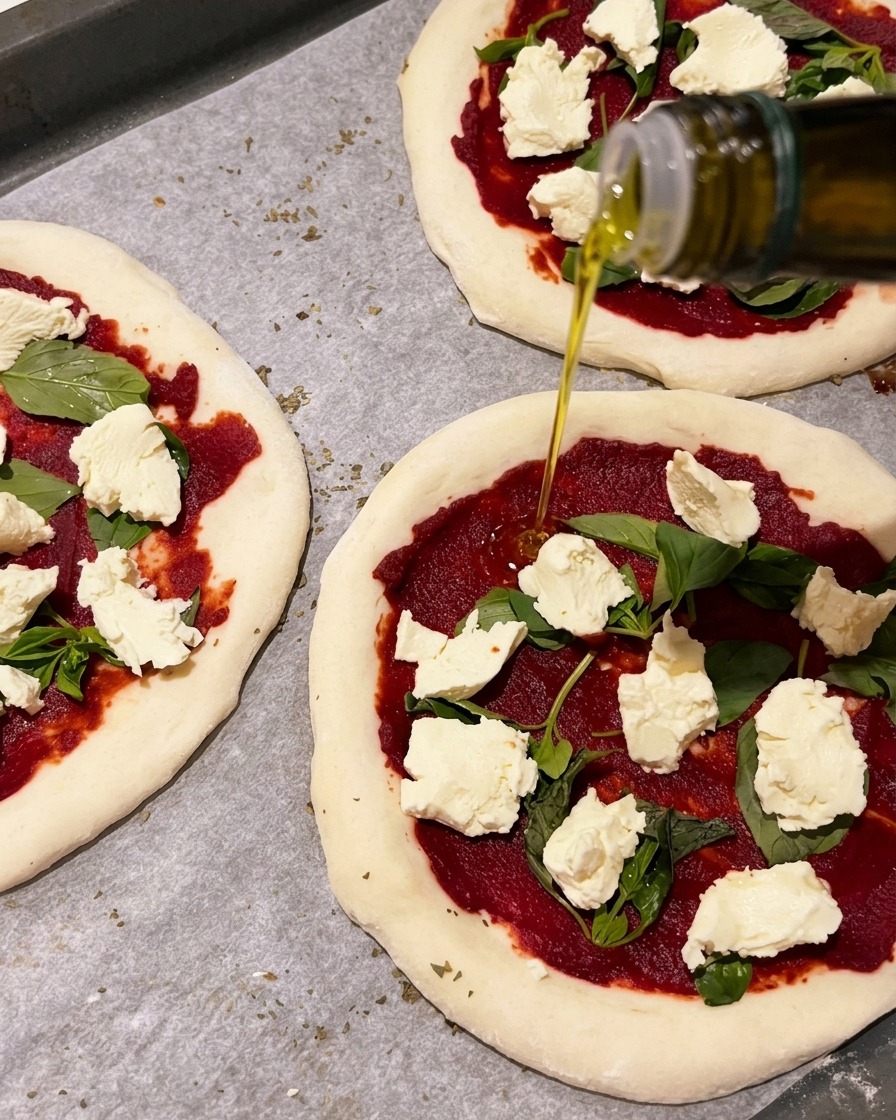 Golden olive oil being poured from a glass bottle onto fully assembled raw mini pizzas on a baking sheet.