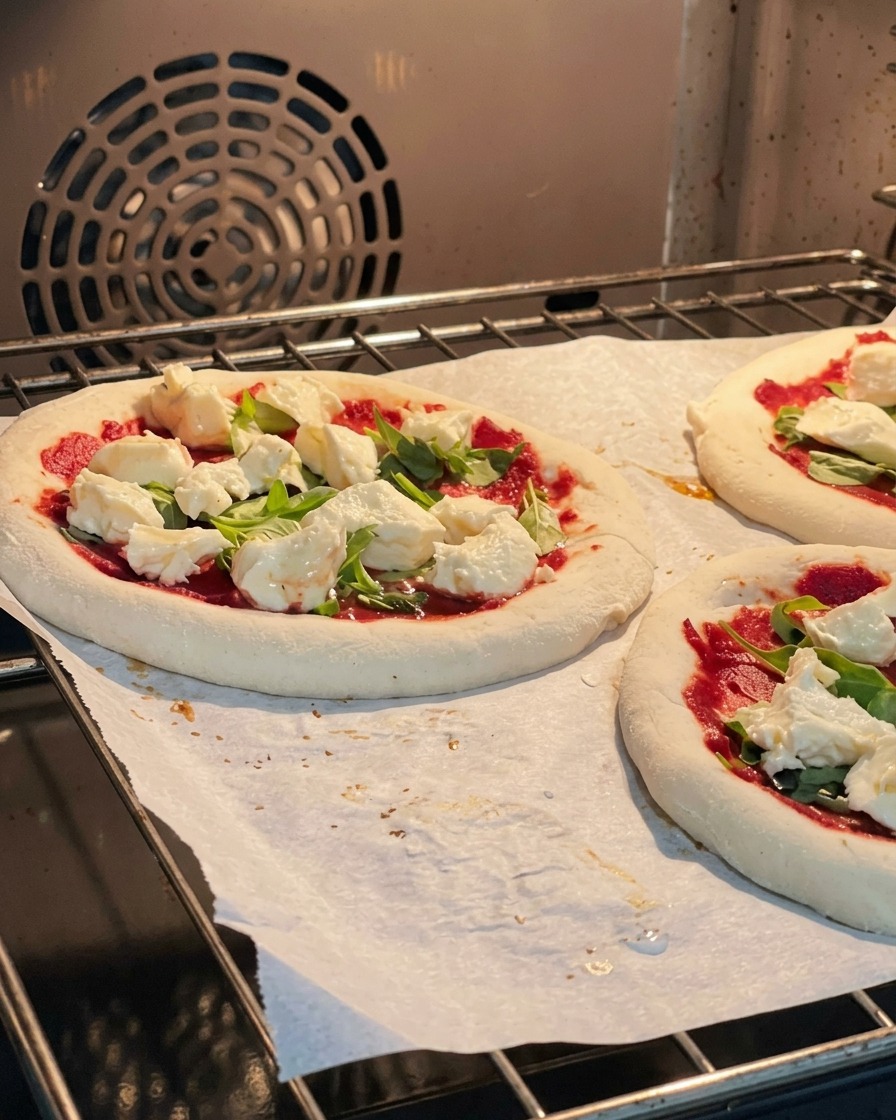 A baking sheet holding assembled raw Margherita pizzas being slid onto the wire rack of a hot oven.