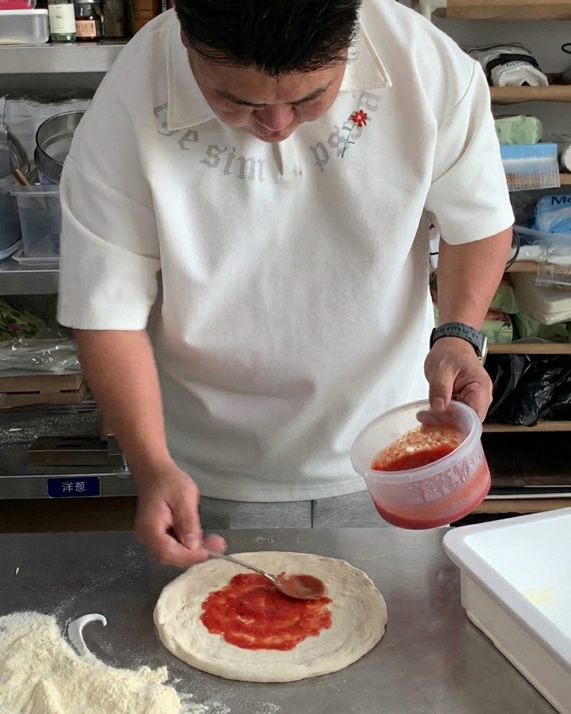 A spoonful of bright red tomato sauce being spread evenly onto a raw pizza base.