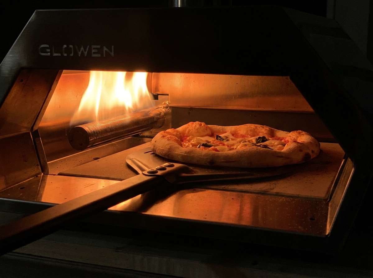 A pizza peel rotating a partially baked pizza inside a gas oven to brown evenly near the flames.