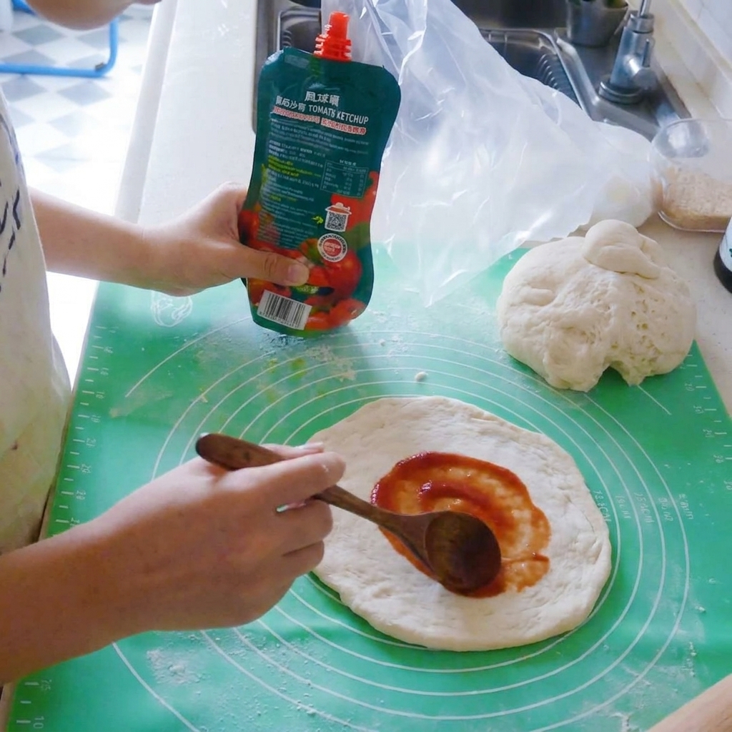 Tomato sauce being spread over a pizza dough base with a wooden spoon.