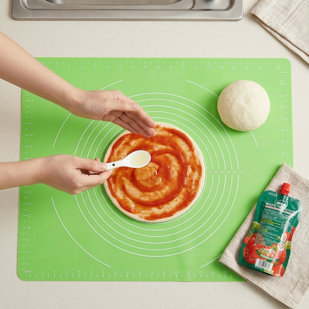 A spoonful of oil being drizzled over the seasoned pizza base.