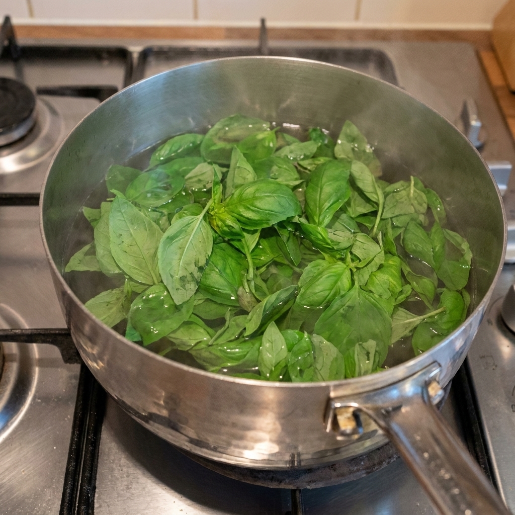 Fresh green basil leaves being blanched in a pot of boiling water on the stove.